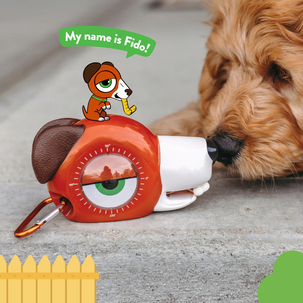 Dog-themed measuring tape toy with retractable tape and angle dial, perfect for pretend play in toys and games collections under $50
