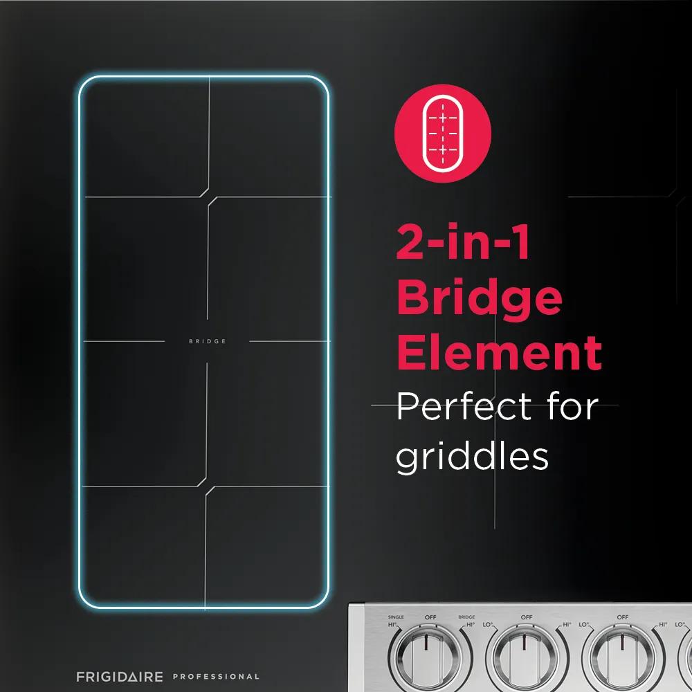Induction cooktop highlighting a 2-in-1 bridge element designed for versatile cooking with griddles in modern kitchens.