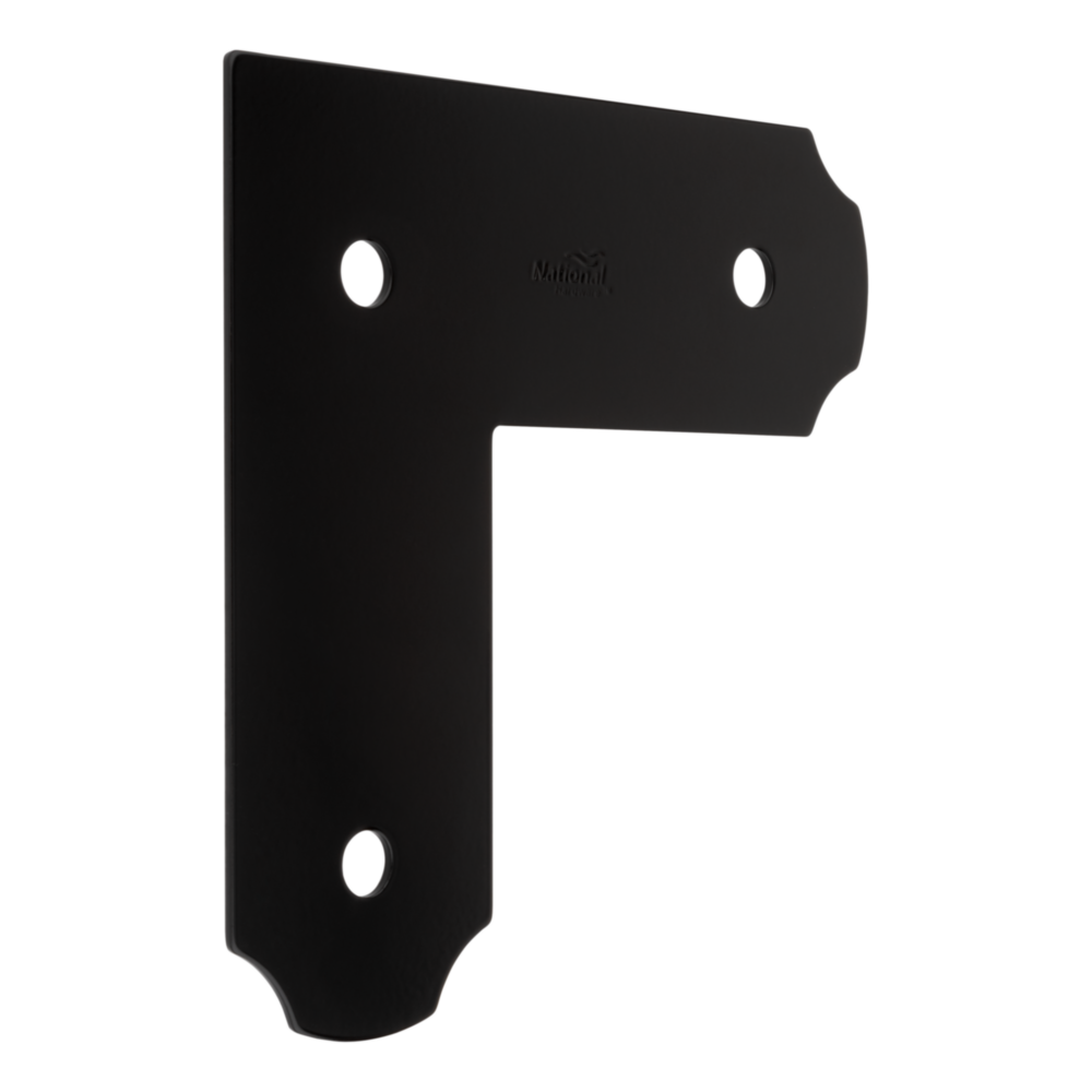 Black powder-coated L-strap with pre-drilled holes for lag screws in building hardware and home improvement tools under $50