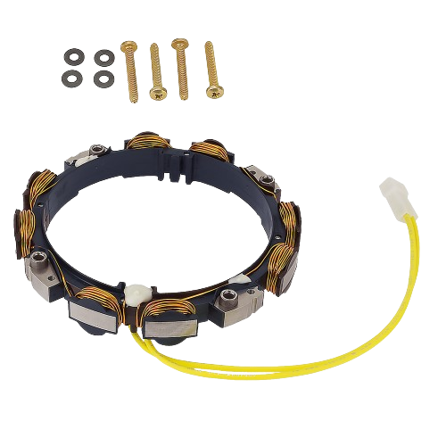 Circular alternator stator with copper coils, yellow wiring, and mounting hardware for automotive and John Deere parts collections
