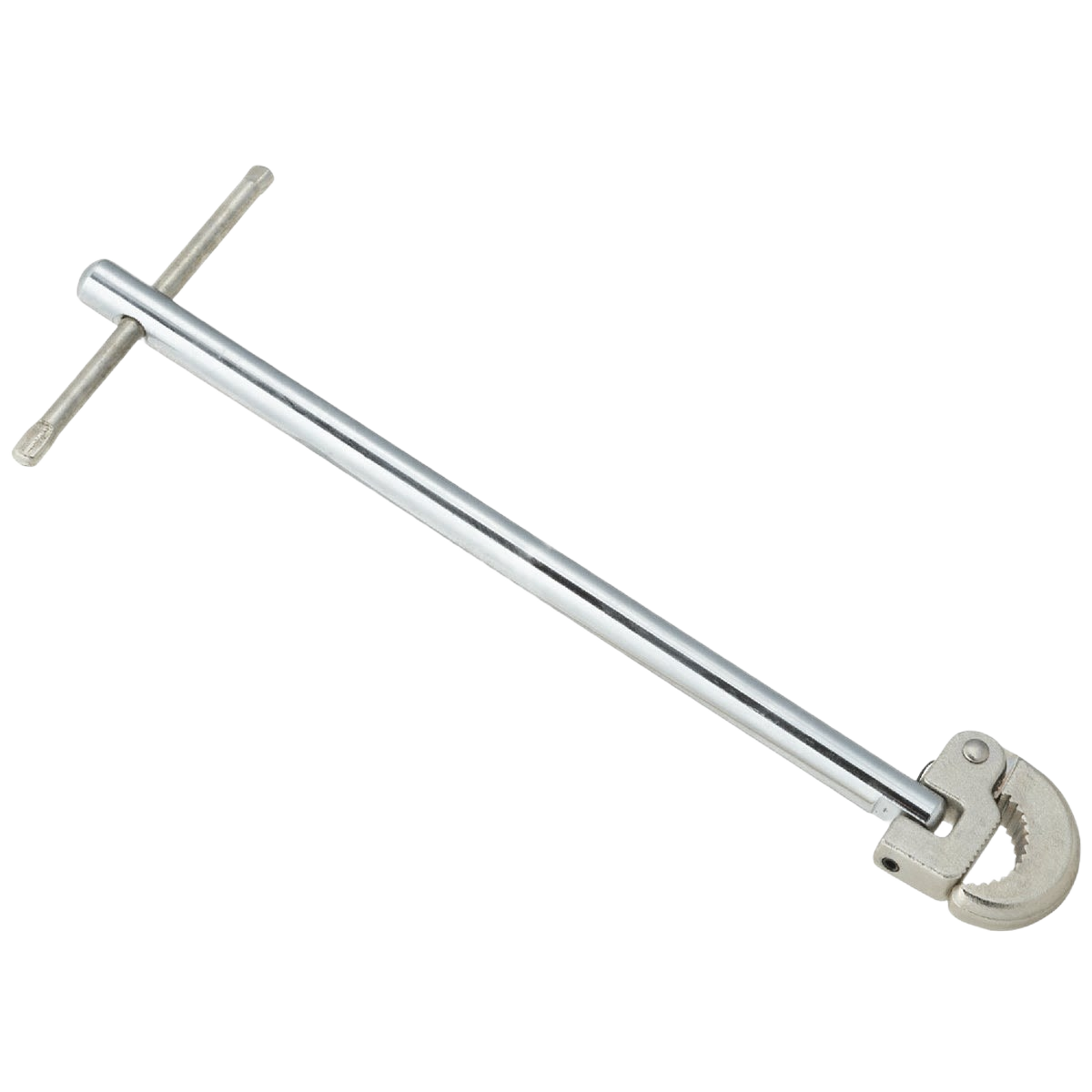 Steel adjustable basin wrench with T-handle and pivoting jaw for plumbing and home improvement tasks