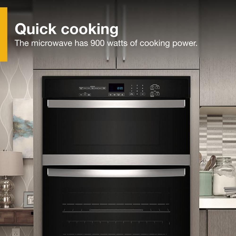 Built-in microwave wall oven combo with stainless steel handles and digital control panel in kitchen setting