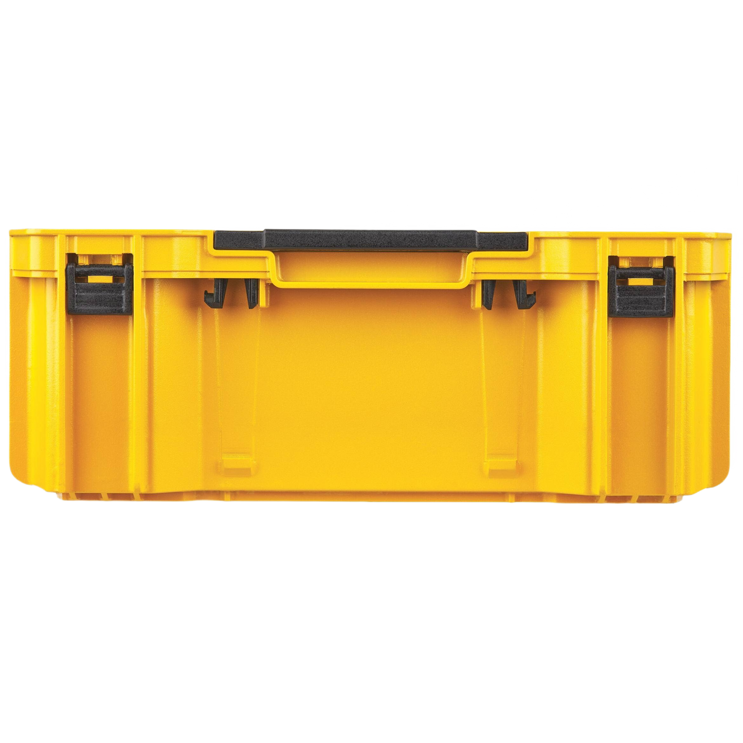 Yellow durable storage tray with black latches and handle designed for jobsite and workshop tool organization