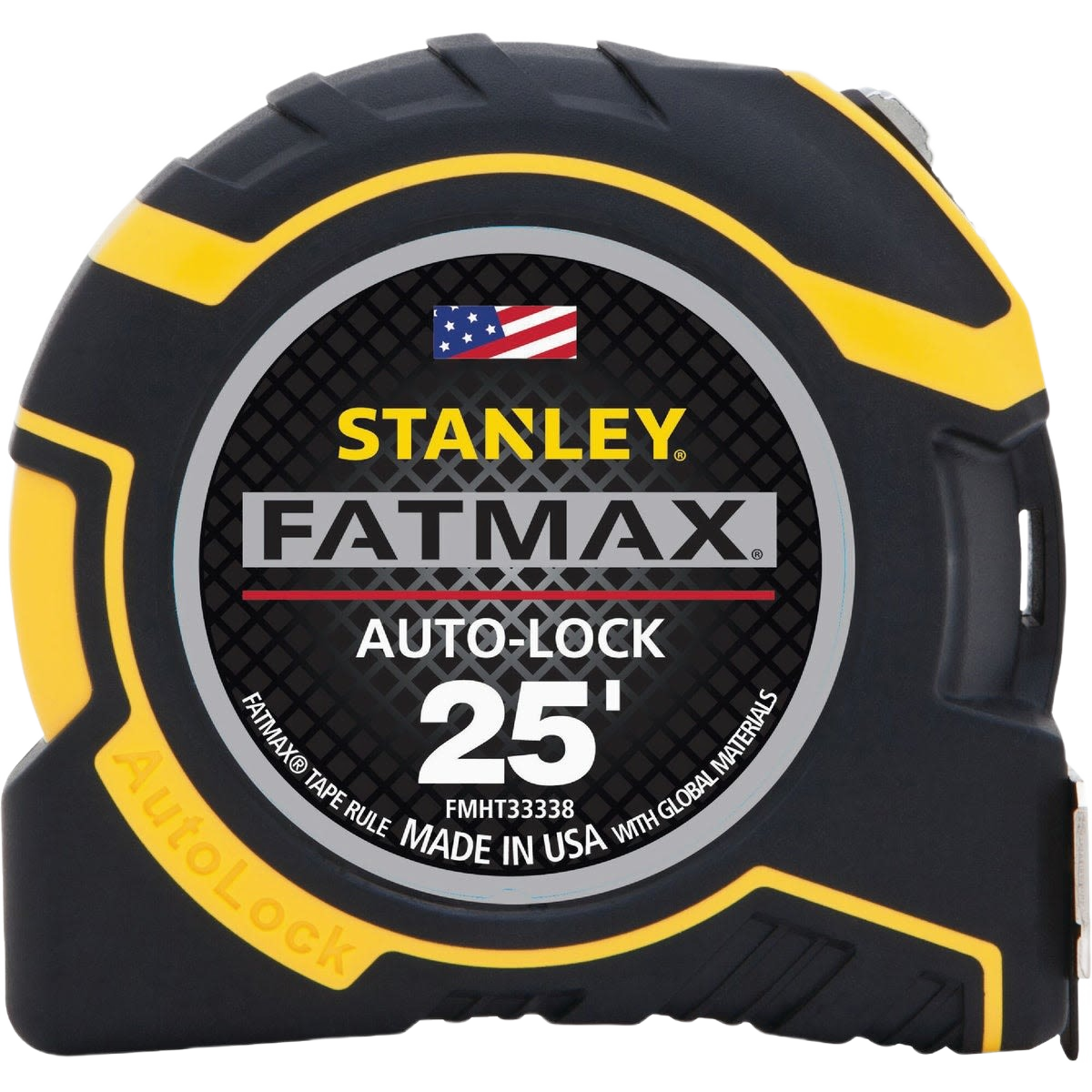 Black and yellow auto-lock tape measure 25 feet for woodworking, hand tools, and home improvement projects