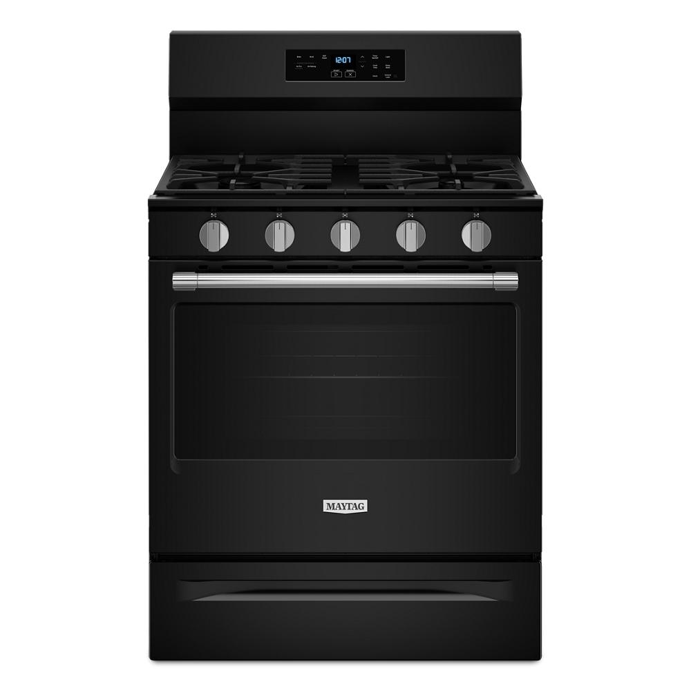 Black 30-inch wide gas range with five burners and digital control panel for home kitchen improvement tasks