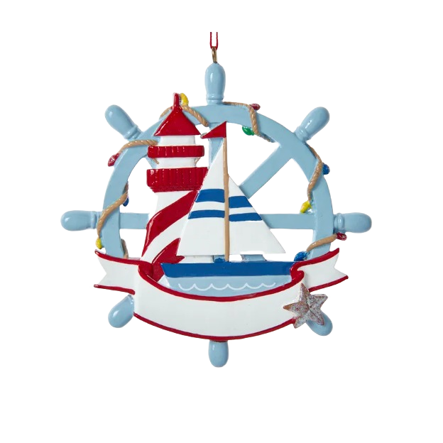 Nautical-themed Christmas ornament with sailboat, lighthouse, and ship wheel for holiday tree decorations under $50