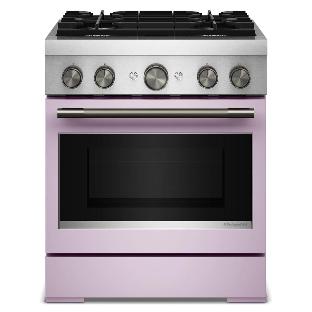 30-inch dual fuel range with four burners, stainless steel top, lavender base, and commercial-style control knobs from KitchenAid Ranges collection