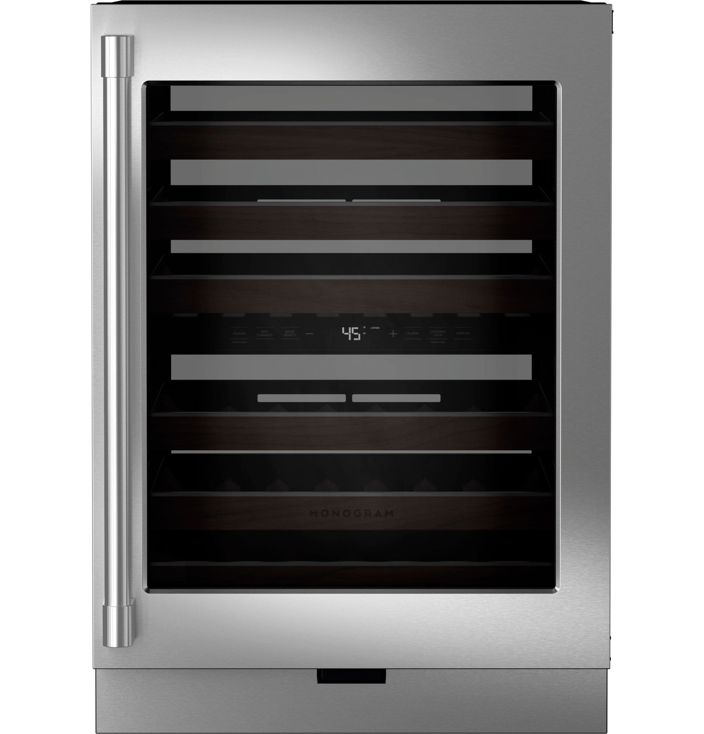 Stainless steel 24-inch panel-ready wine reserve with glass door and digital temperature display in beverage centers collection
