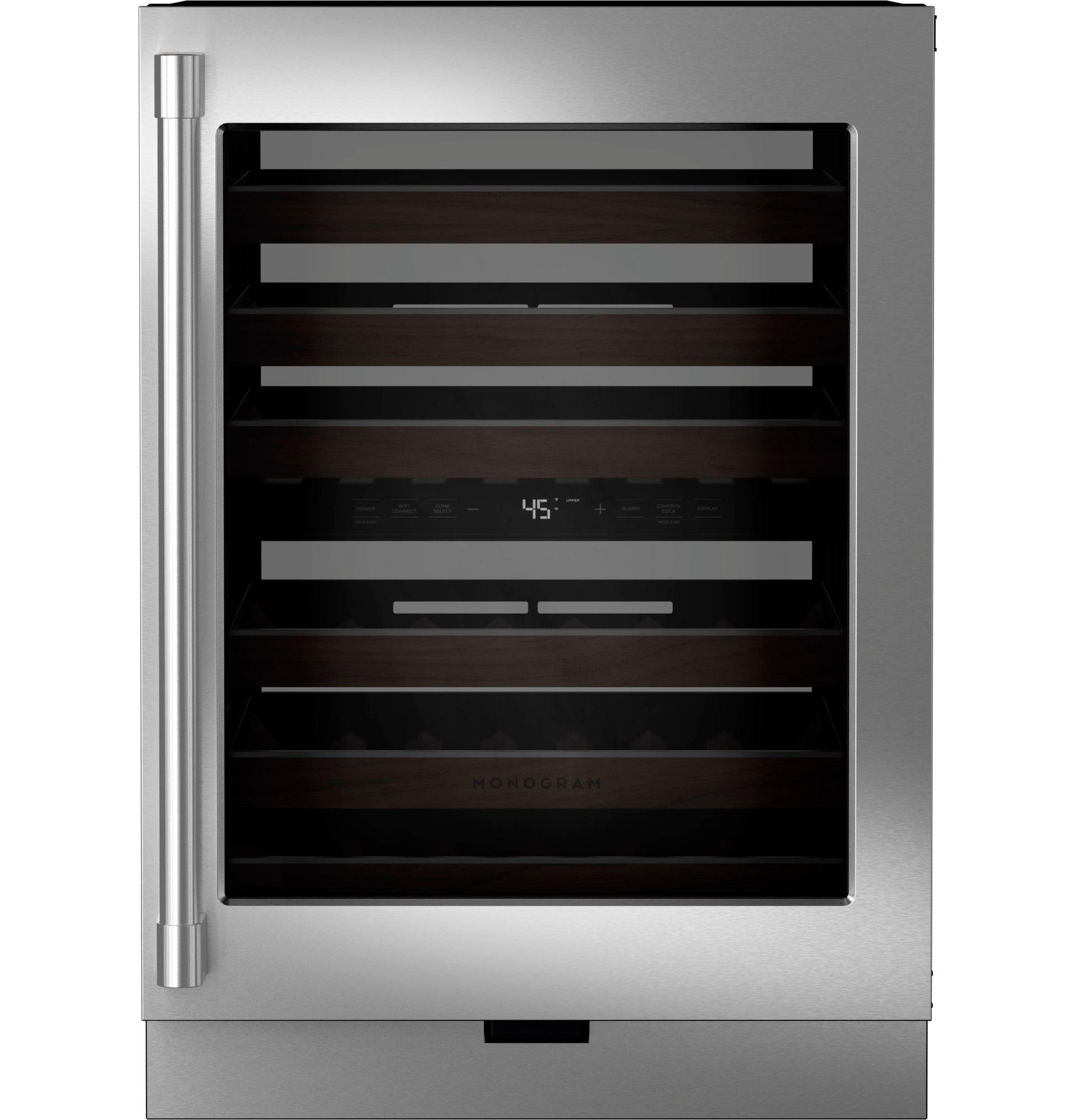 Stainless steel 24-inch panel-ready wine reserve with glass door and digital temperature display in beverage centers collection