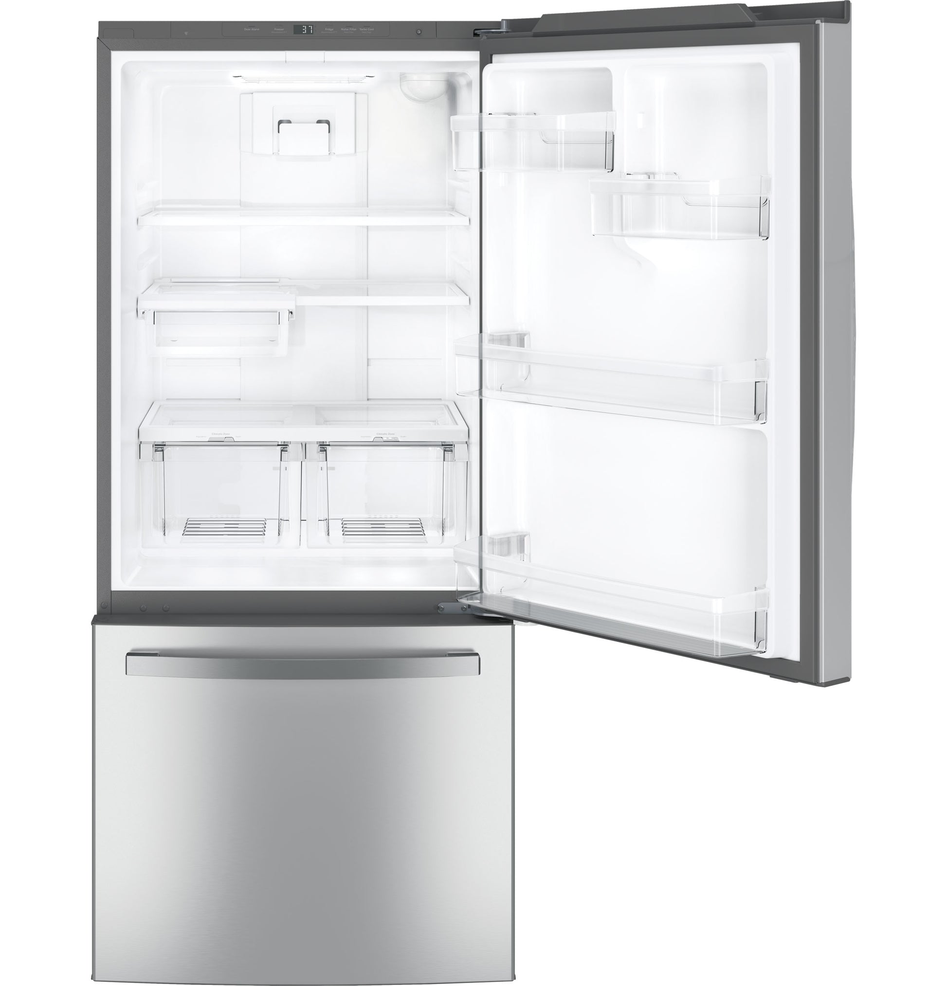 Open stainless steel bottom-freezer refrigerator with adjustable shelves and clear crisper drawers from Appliances collection