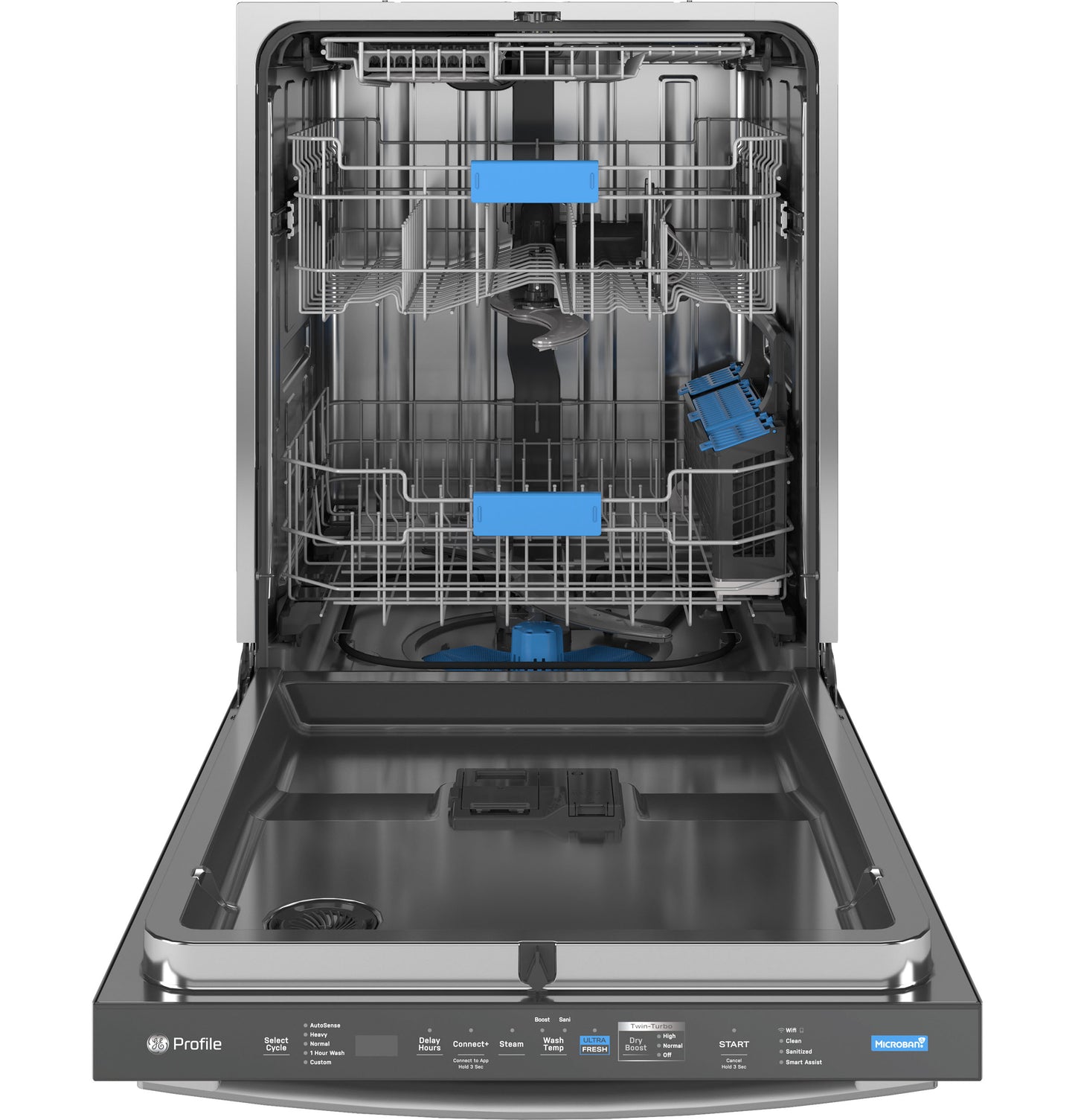 Open stainless steel dishwasher interior with adjustable racks and smart cleaning features, part of Kitchen & Kitchenware collection