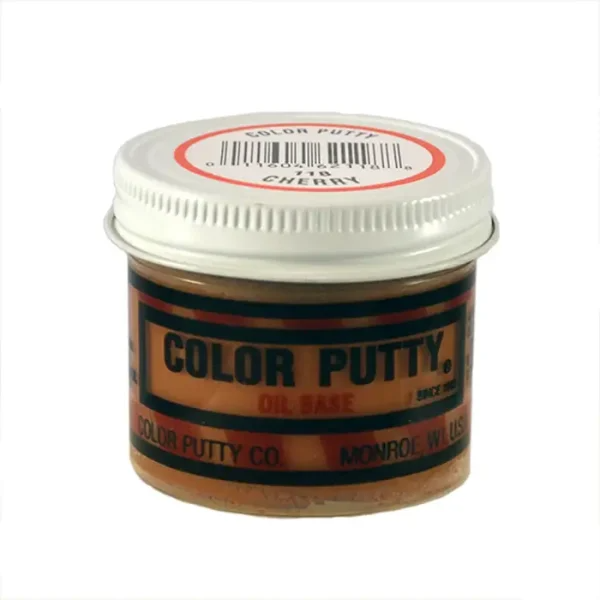 Small jar of cherry-colored oil-based wood filler for patching and repair in home improvement collections under $50