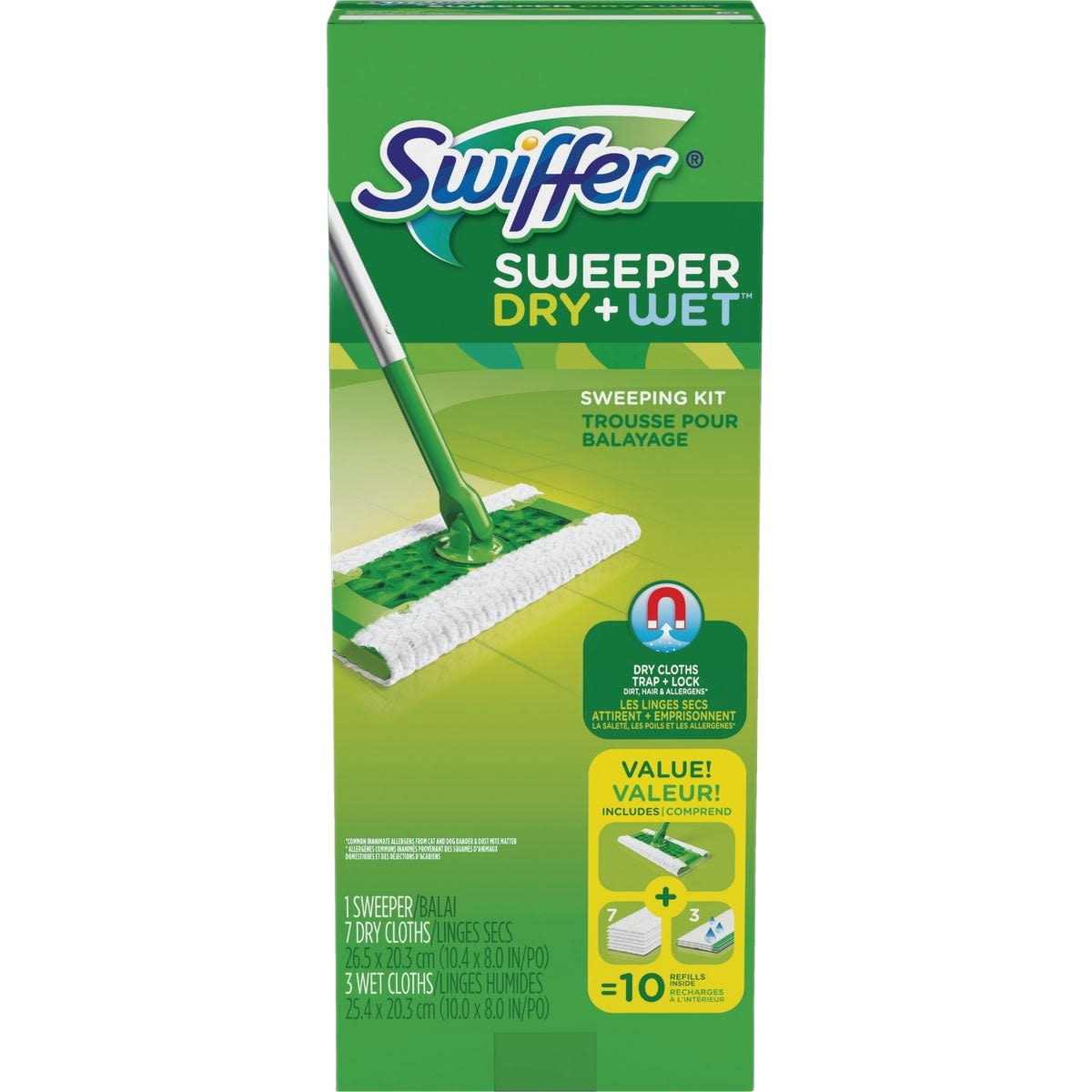Green and white Swiffer Sweeper Dry & Wet Starter Kit packaging for floor cleaning tools collection