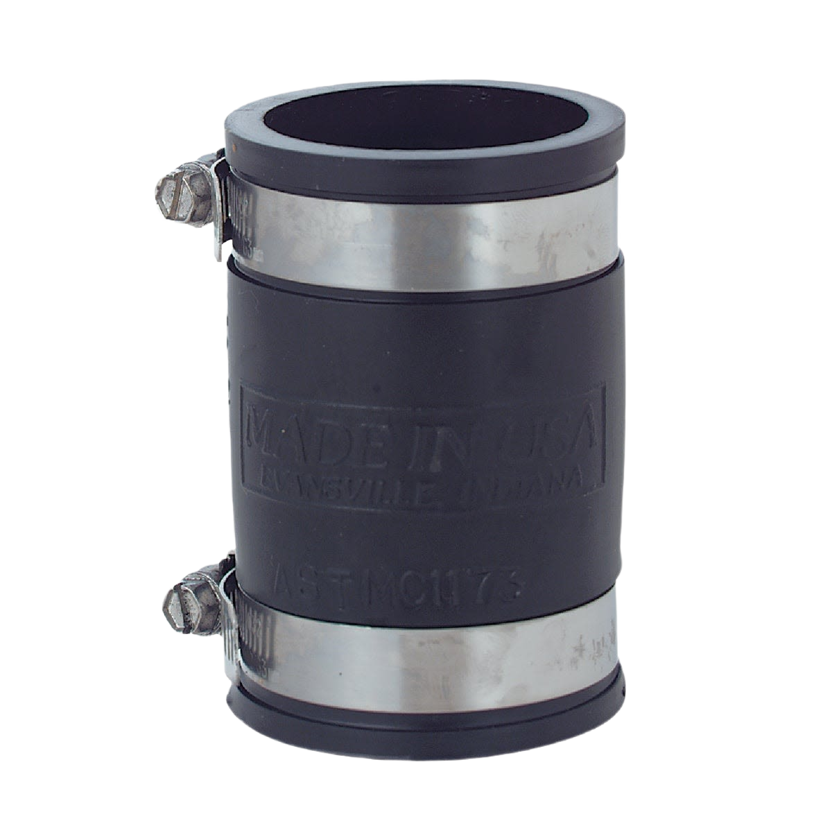 Flexible black PVC plumbing coupling with stainless steel clamps for joining plastic pipes in home improvement projects