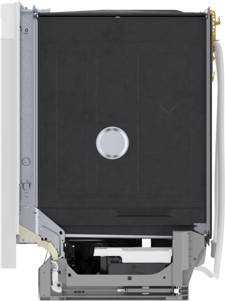 Side view of a white dishwasher showing internal components and structural design from Bosch appliances collection