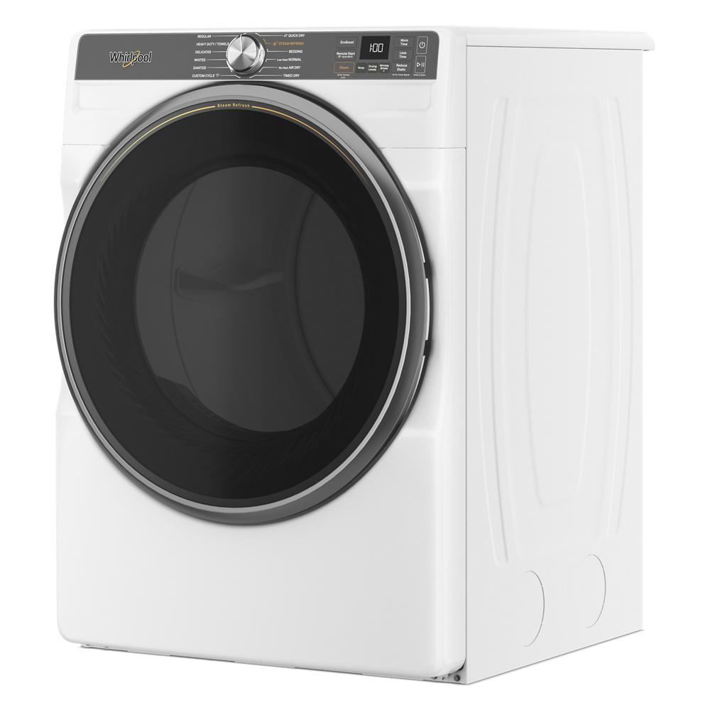 White smart front load gas dryer with large black tinted door and digital control panel from gas dryers collection