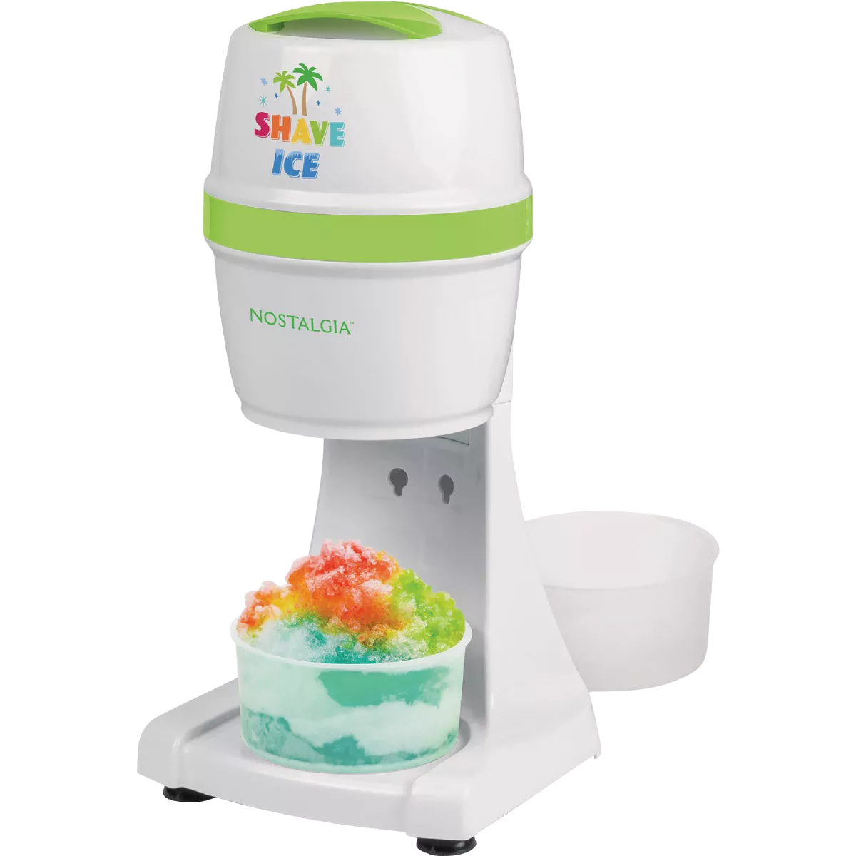 Compact electric shave ice maker with white and green design producing colorful snow cone dessert