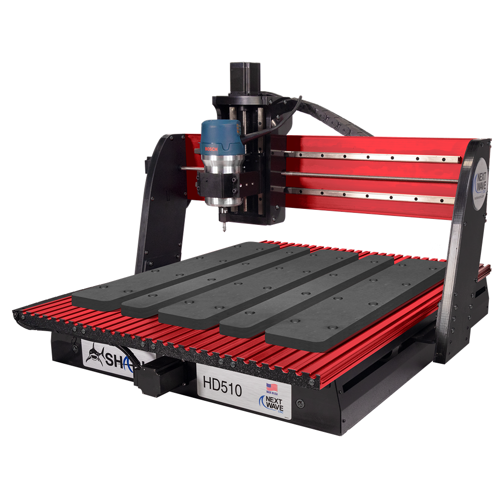 Desktop CNC router with red aluminum frame and dark gray spoil board strips for precision home improvement projects