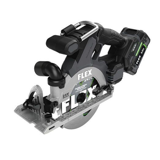 Compact cordless in-line circular saw with brushless motor and rechargeable 24V battery for home improvement projects