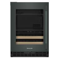 24-inch Beverage Center with glass door, wood-front racks, stainless steel handle, and digital temperature controls in black finish