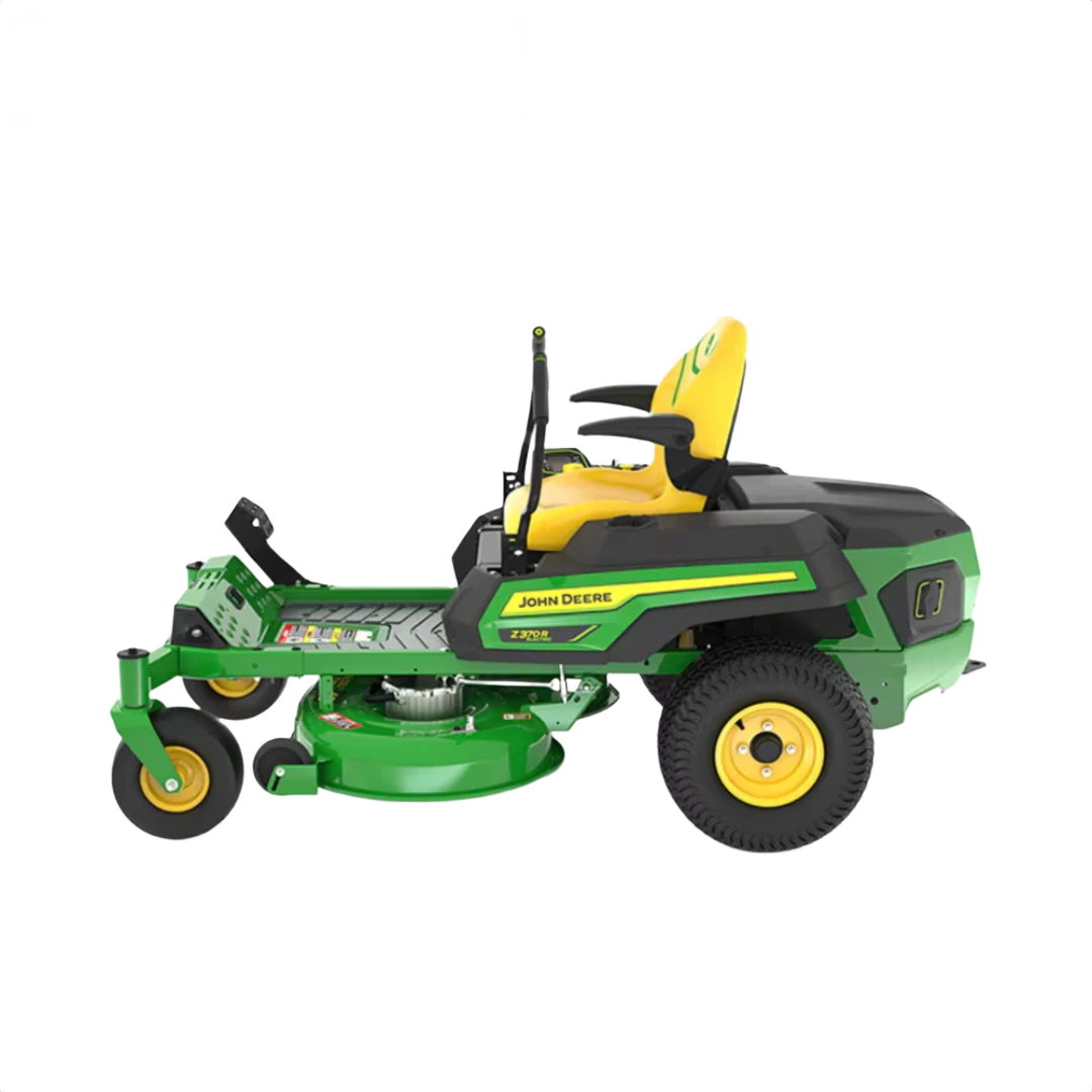 Green and yellow zero-turn electric mower with 42-inch deck and ergonomic seat designed for residential lawn care tasks