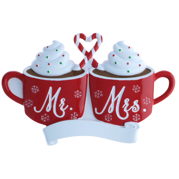 Red Mr. and Mrs. mugs with whipped cream and festive sprinkles joined by heart-shaped candy canes for Christmas décor under $50 collection