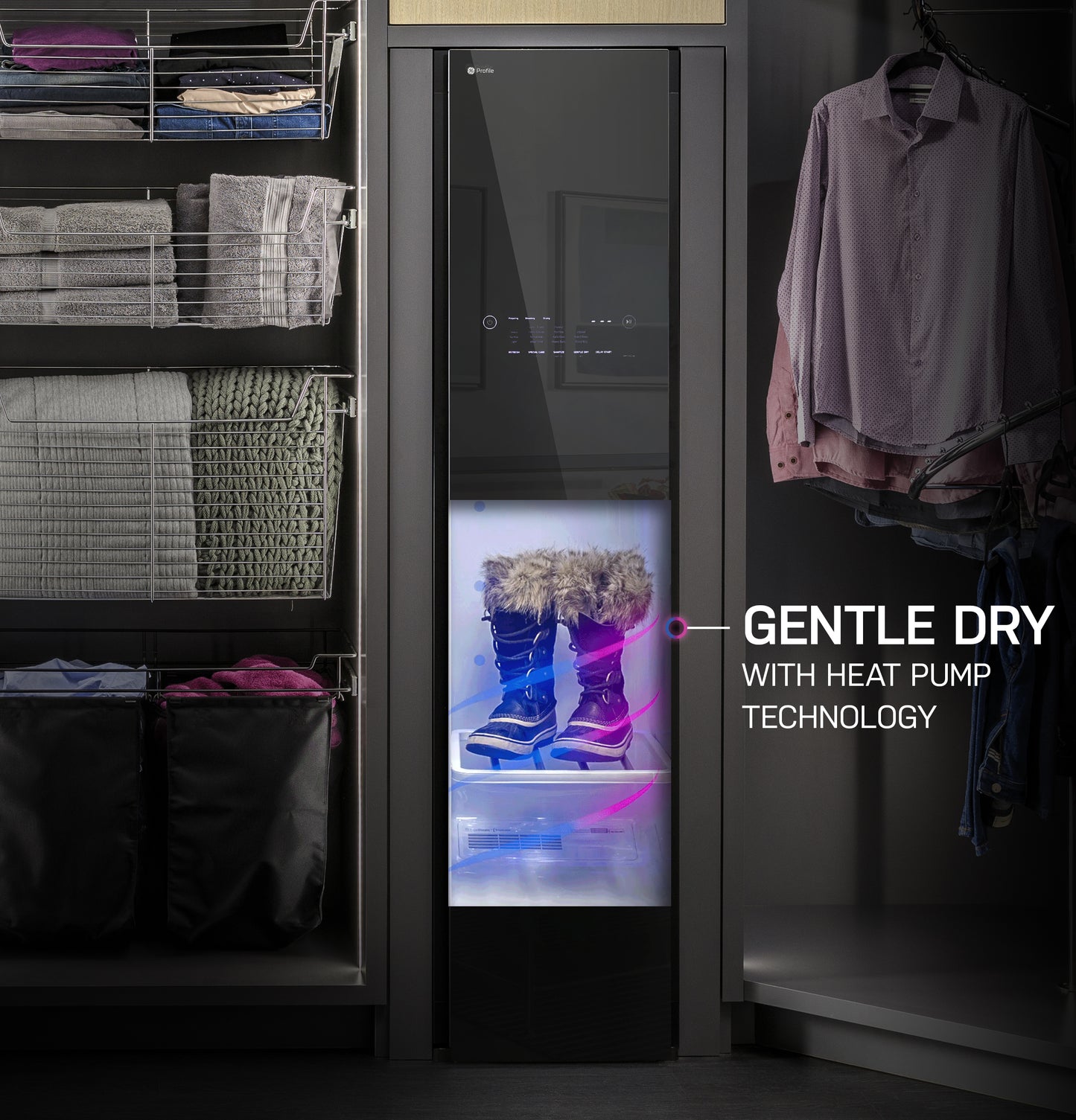 Tall black steam closet with interior light drying winter boots beside organized laundry and clothes in home appliance setting