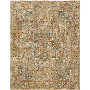 Vintage-inspired cream rug with intricate blue, yellow, and red patterns for elegant home decor and flooring accents
