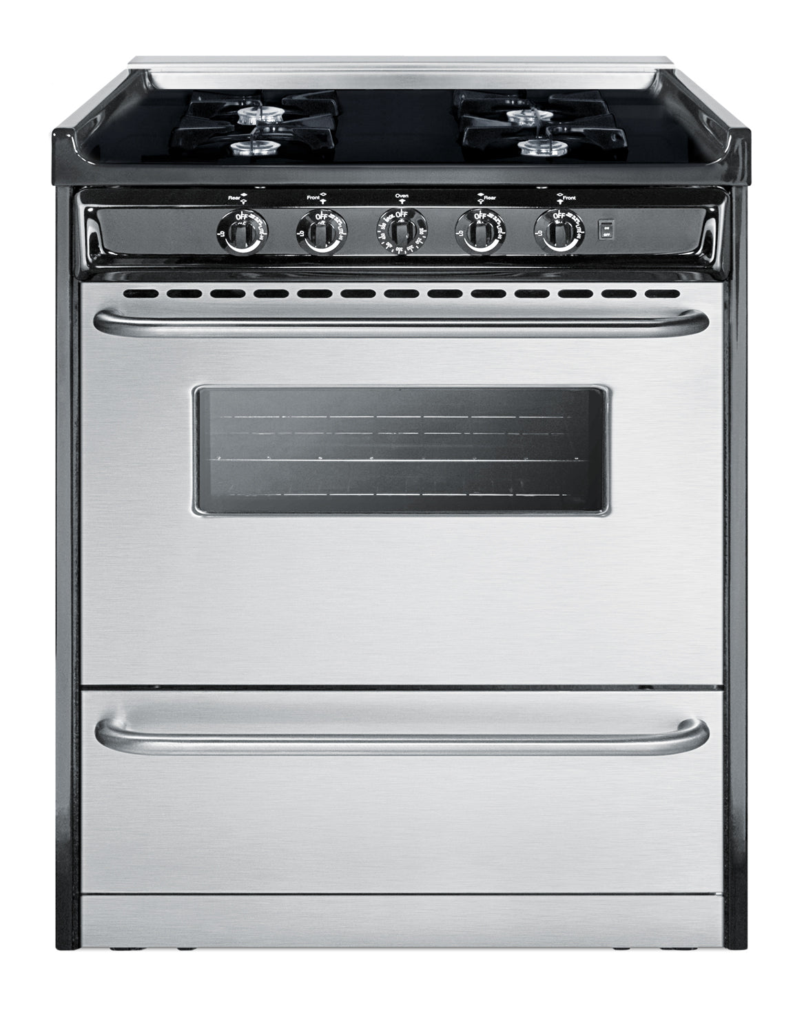 Compact stainless steel gas range with four open burners and a spacious windowed oven for kitchen appliances collections