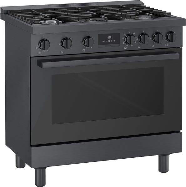 36-inch black stainless steel dual fuel freestanding range with metal knobs and digital display from Bosch collection at Hartville Hardware