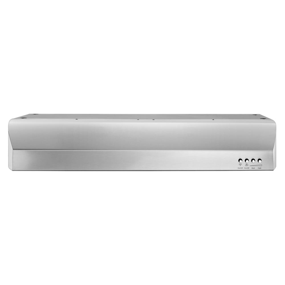 Stainless steel 30-inch under-cabinet vented hood with 300-CFM airflow and push-button controls for home improvement