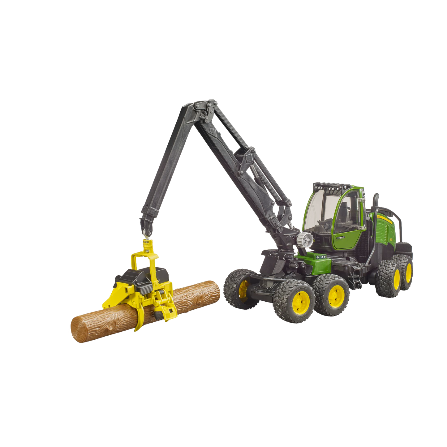 Green and black Bruder wheeled harvester toy with yellow log-gripping claw holding a brown log from Toys & Games collection