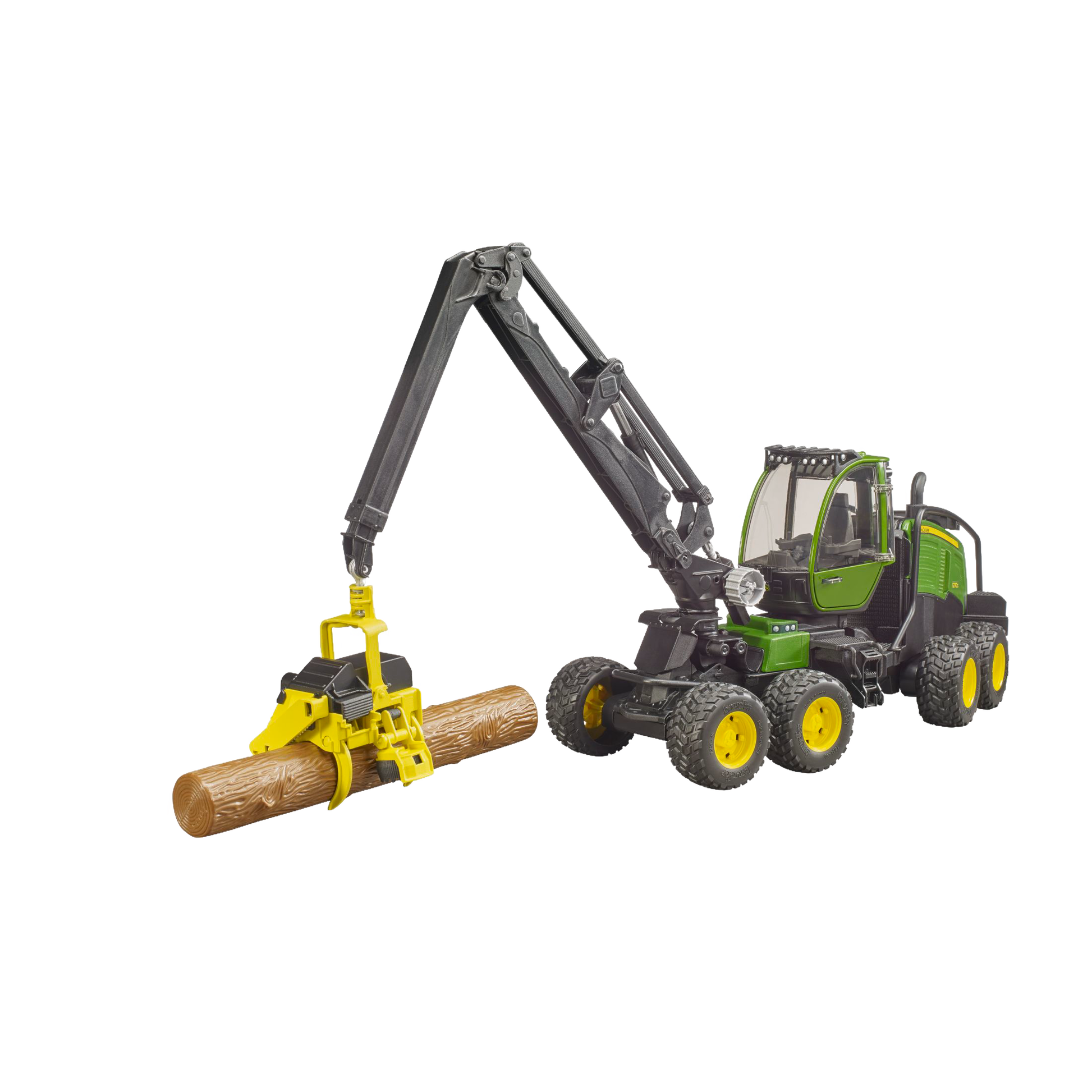 Green and black Bruder wheeled harvester toy with yellow log-gripping claw holding a brown log from Toys & Games collection