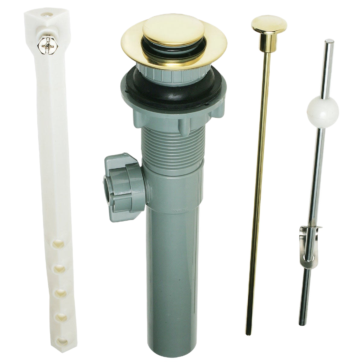 Polished brass pop-up drain assembly with plastic piping and metal lift rod for sink repair plumbing parts under $50 collections