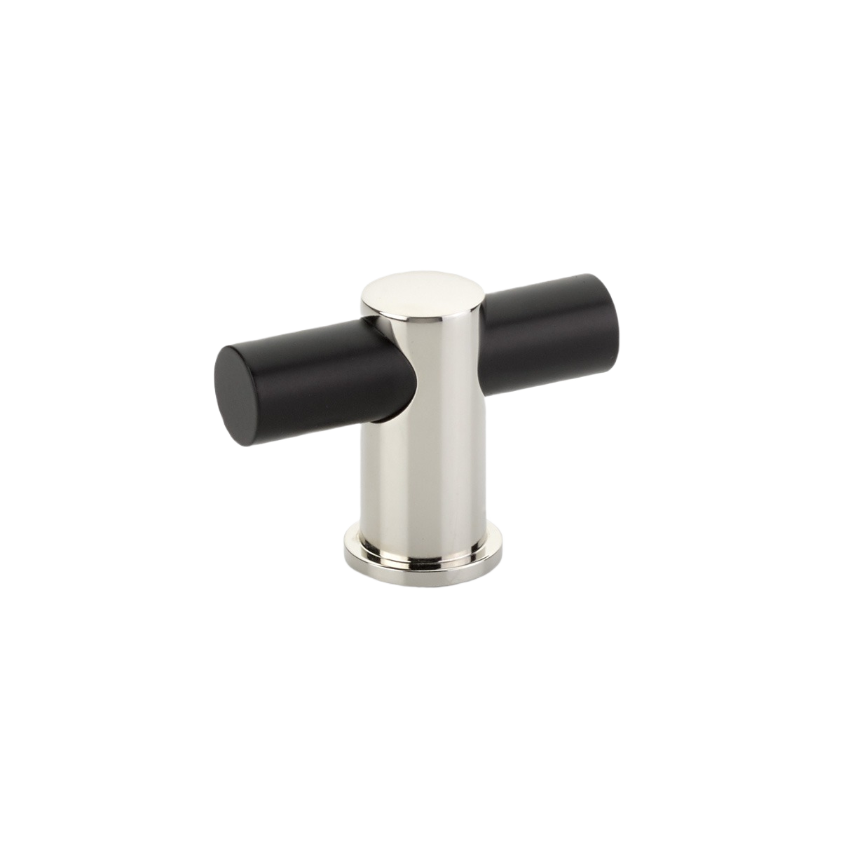 Modern T-shaped cabinet knob with matte black bar and polished nickel base in furniture hardware collections under 50 dollars