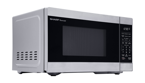 Compact 0.9 cu. ft. stainless steel countertop microwave with digital keypad, preset cooking options, and clear black viewing window for kitchen appliances and home improvement.