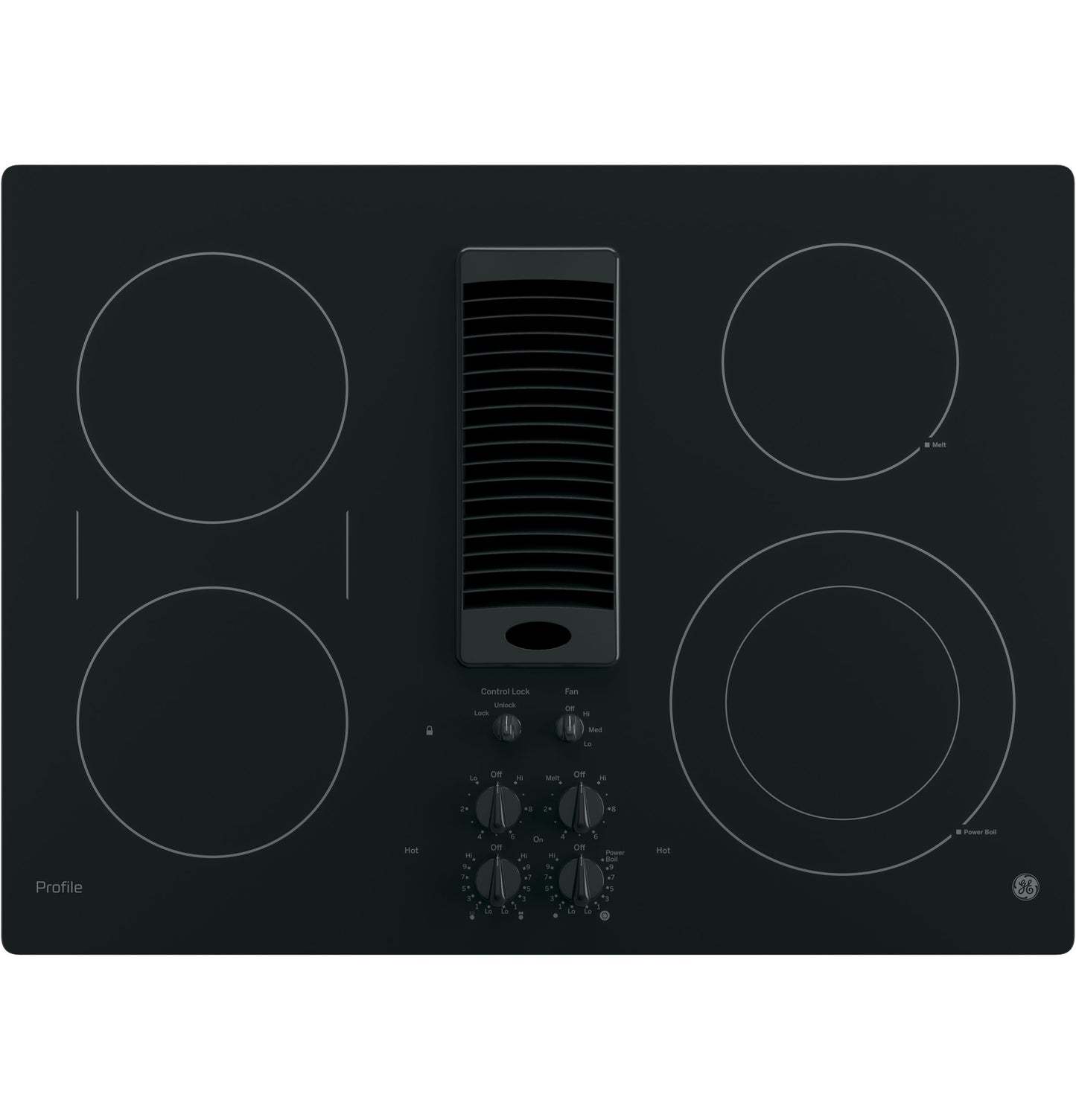 Black 30-inch downdraft electric cooktop with four burners and center vent from electric cooktops collection