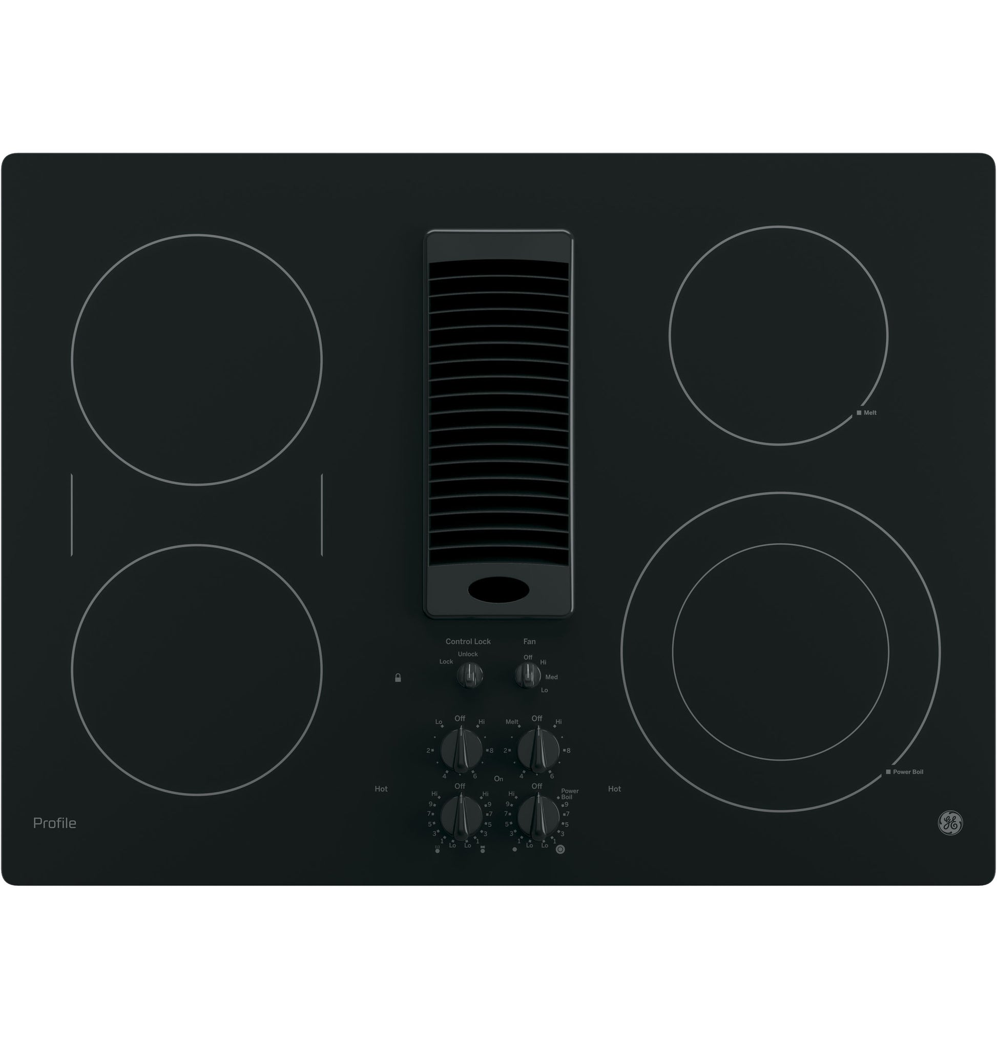 Black 30-inch downdraft electric cooktop with four burners and center vent from electric cooktops collection