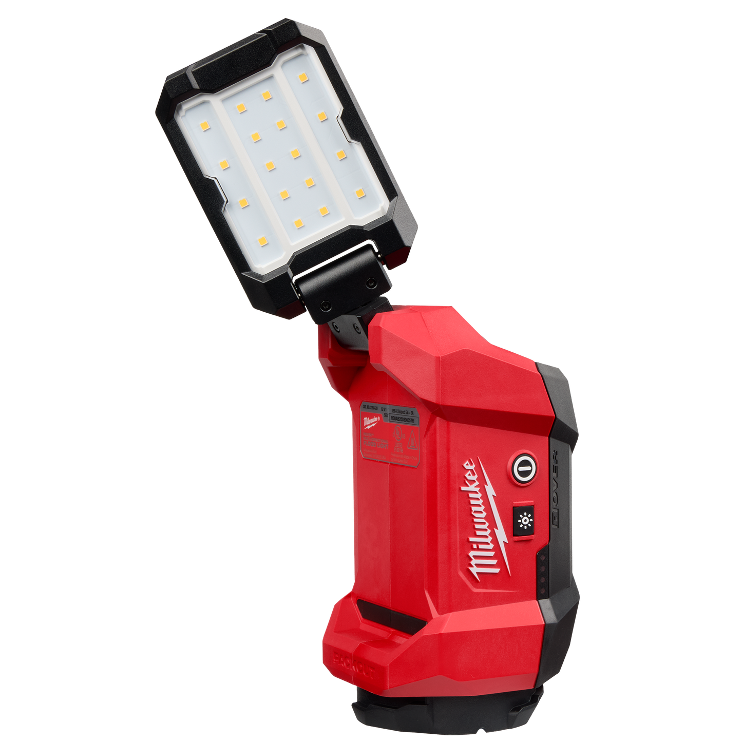 Red and black multi-directional LED flood light with adjustable head, part of Milwaukee utility lights and power tool flashlights collections at Hartville Hardware.