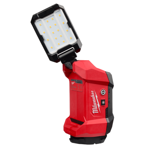 Red and black multi-directional LED flood light with adjustable head, part of Milwaukee utility lights and power tool flashlights collections at Hartville Hardware.