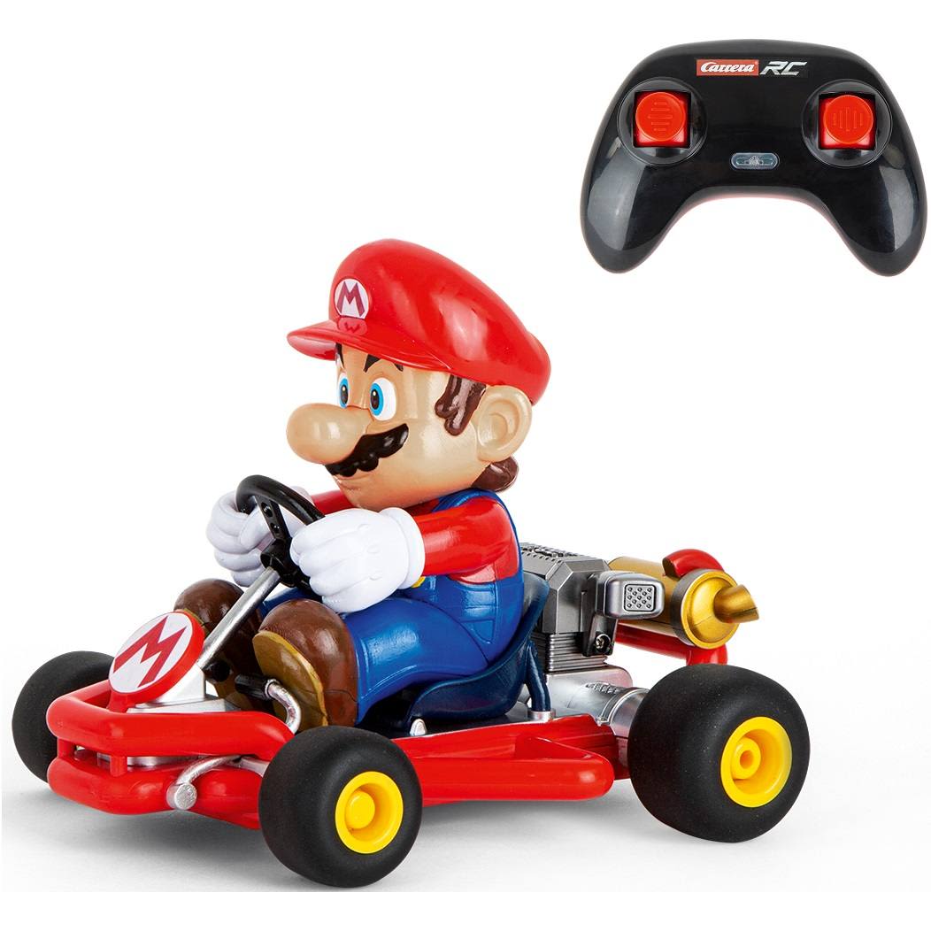 Red and blue remote control Mario Kart racer with yellow wheels and black and red wireless controller