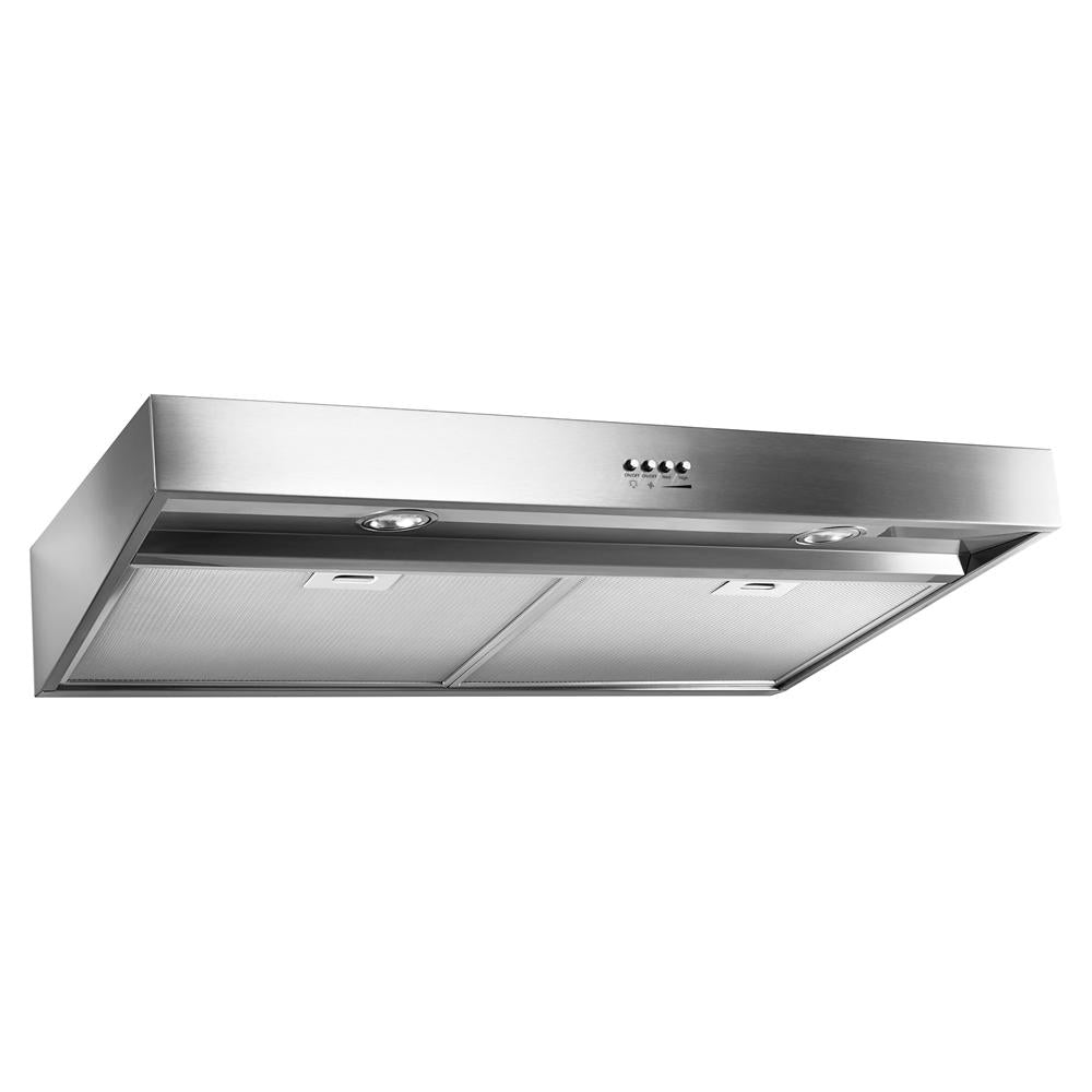 Under-cabinet stainless steel range hood with LED lights and full-width grease filters from kitchen appliances collection