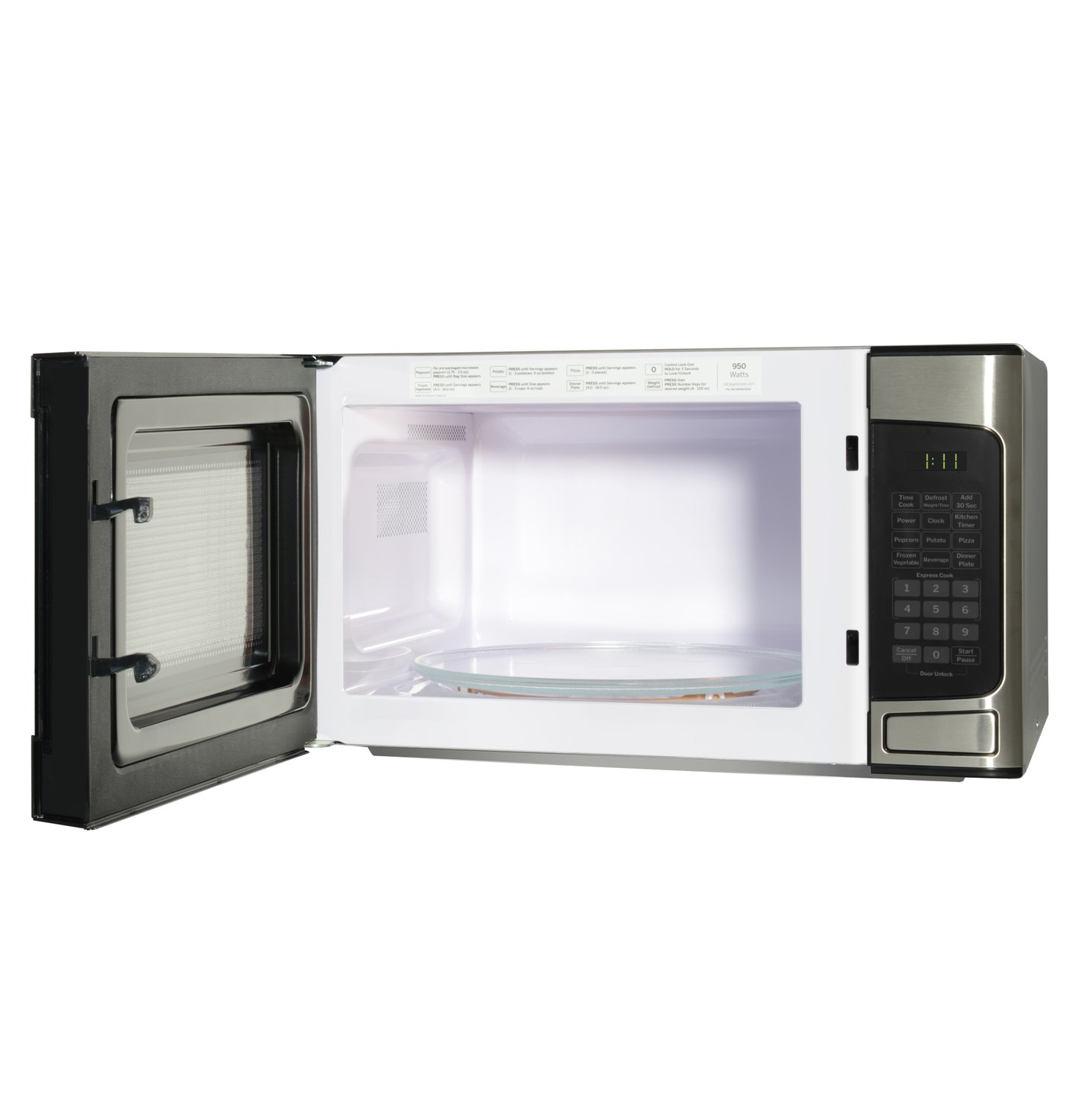 Open stainless steel microwave with turntable and digital keypad in countertop microwaves collection