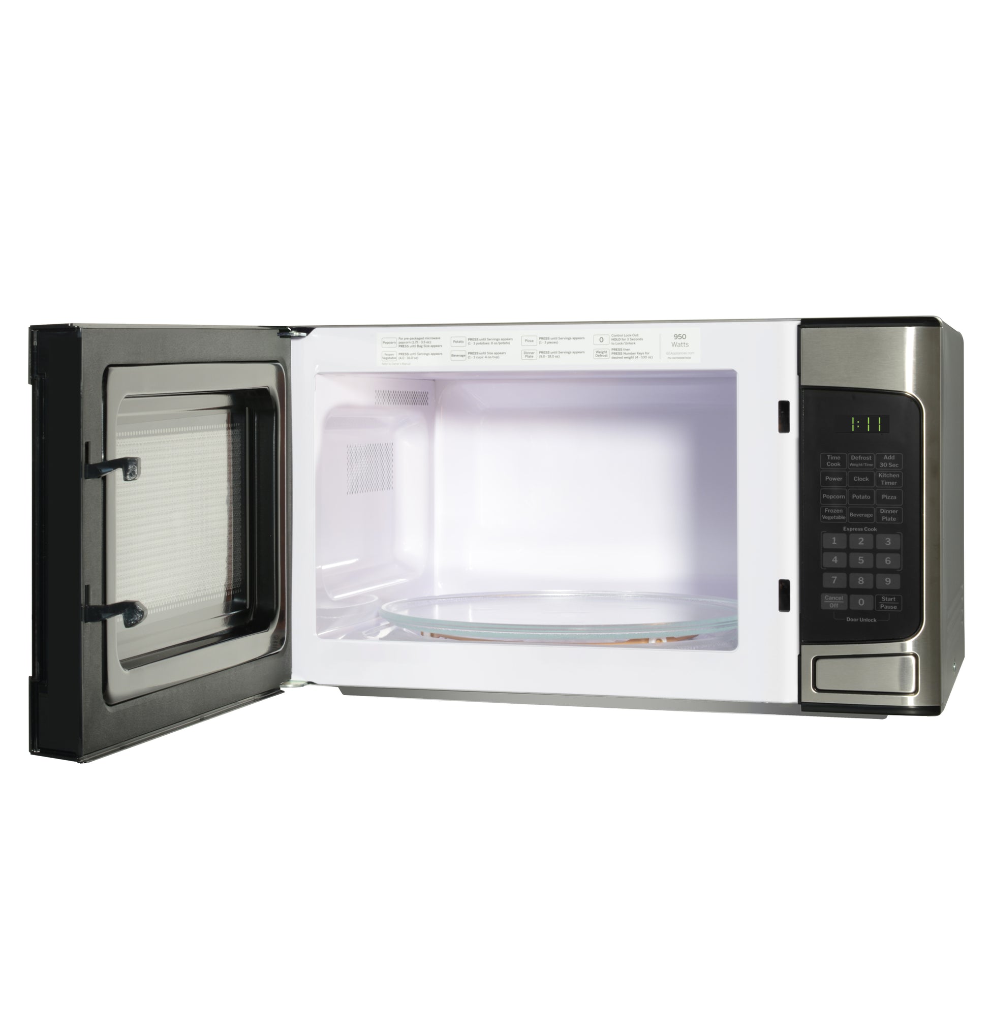 Open stainless steel microwave with turntable and digital keypad in countertop microwaves collection