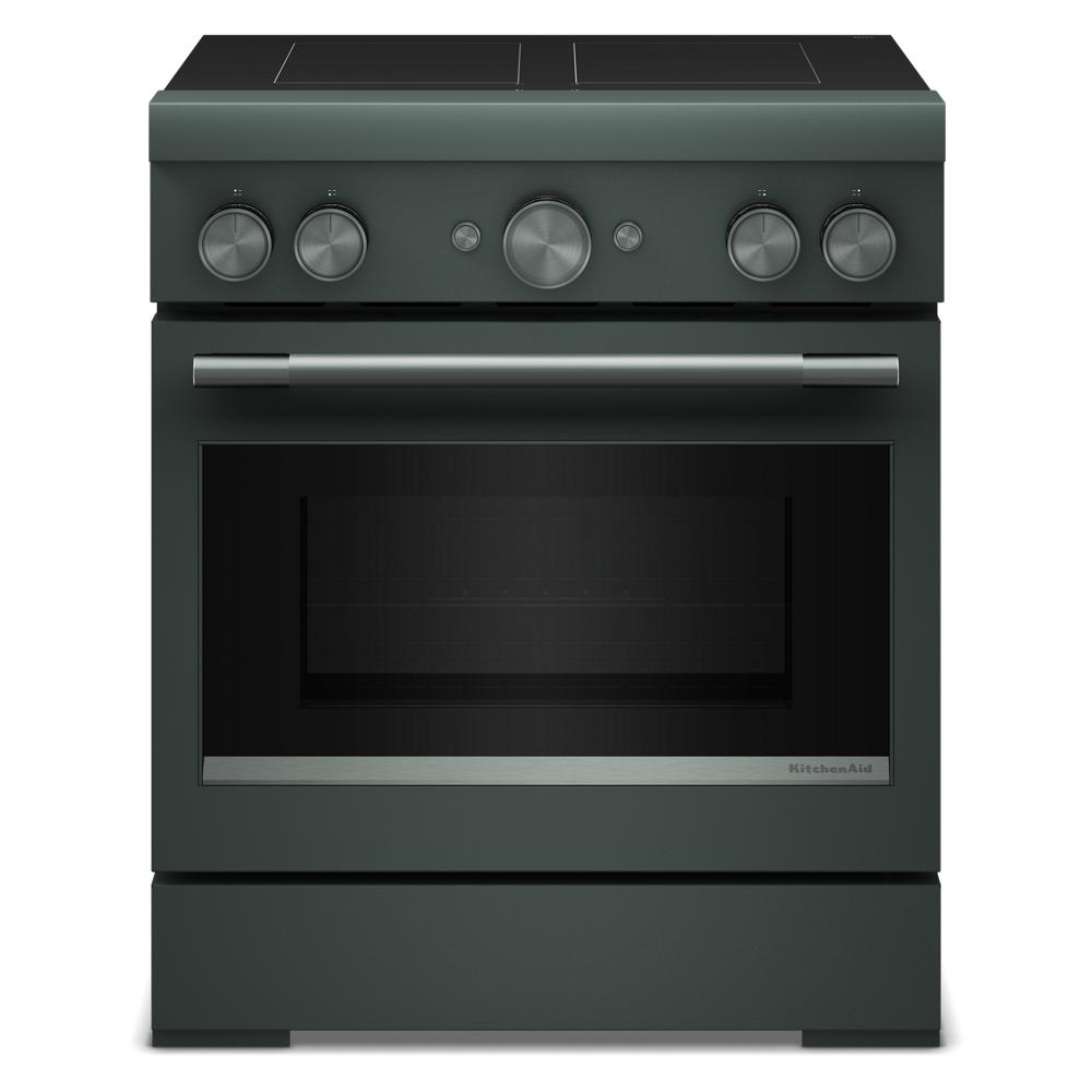 Dark green freestanding 30-inch induction range with four control knobs and stainless steel handle in Ranges collection