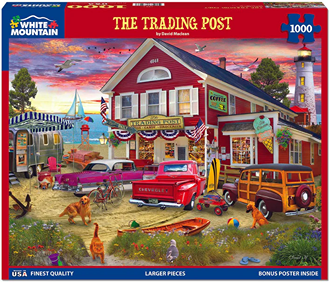 Colorful puzzle box featuring a vintage trading post scene with classic cars, a dog, and lighthouse in the background