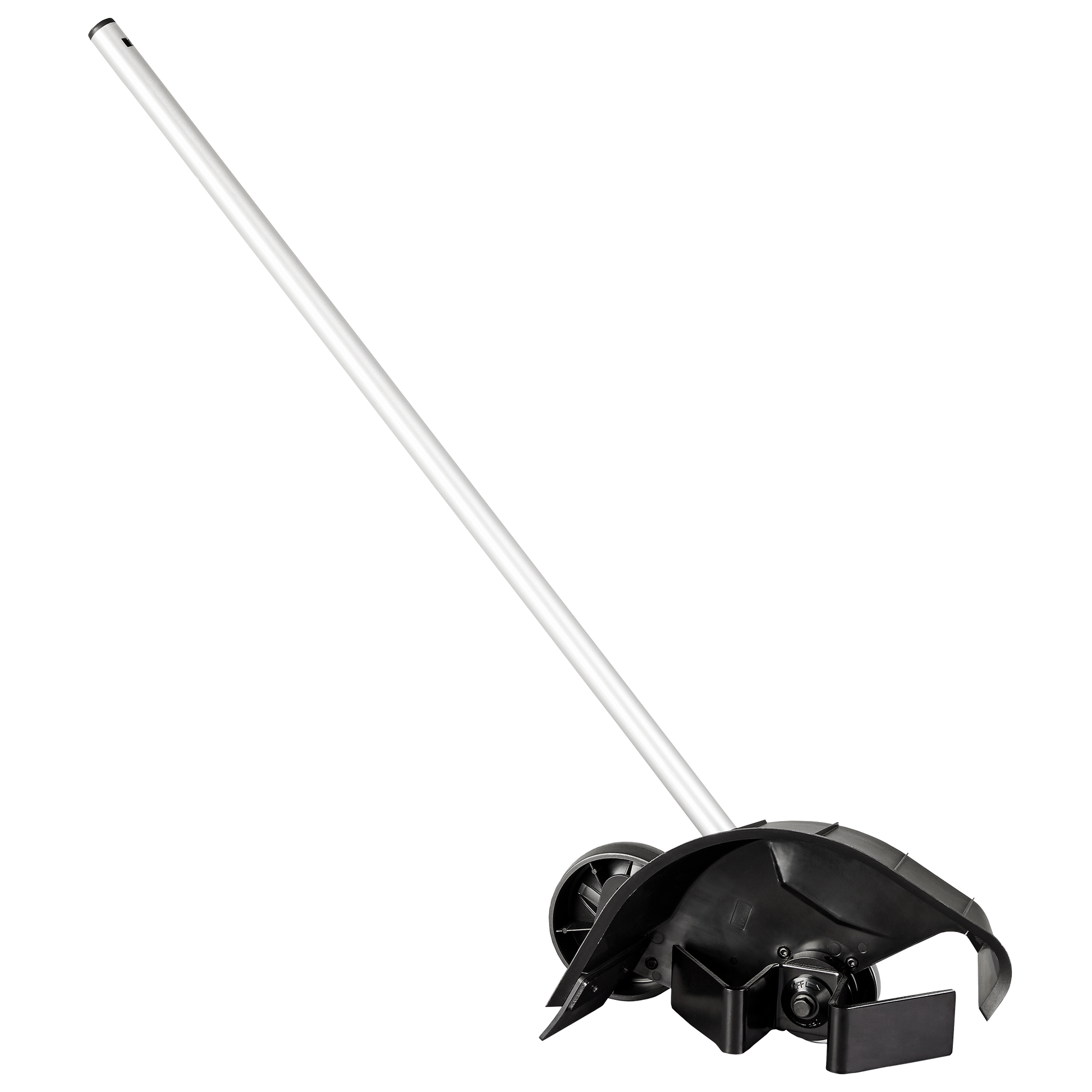 Long silver handle attached to black plastic and metal mechanism designed for outdoor bed redefiner tool attachments