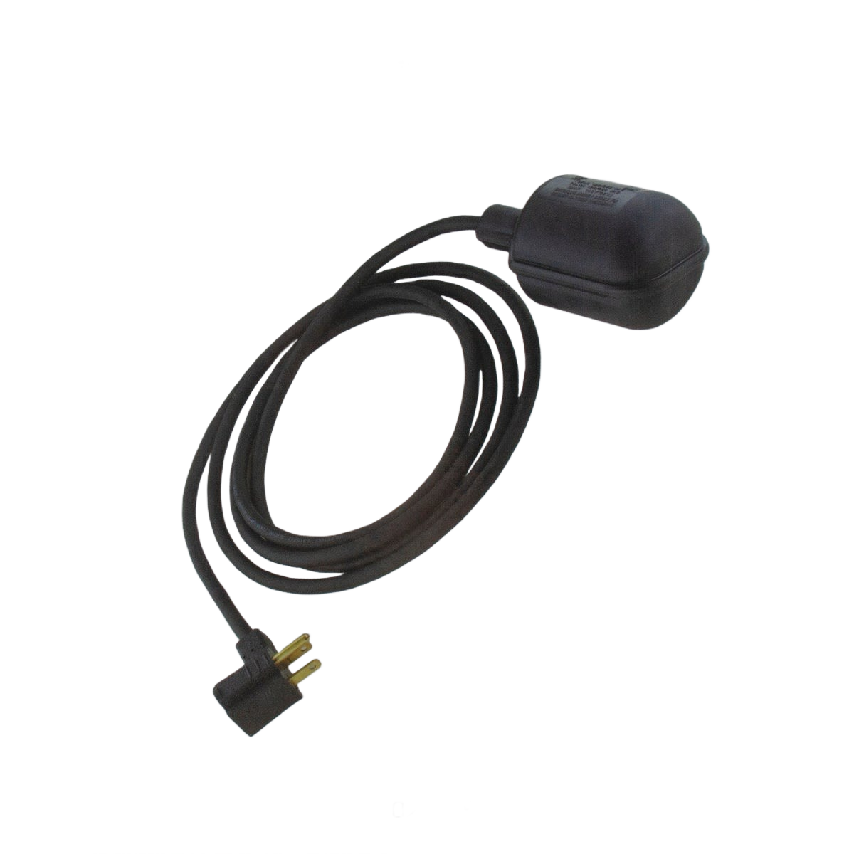 Black mechanical float switch with attached cord and angled plug for water level control in home systems
