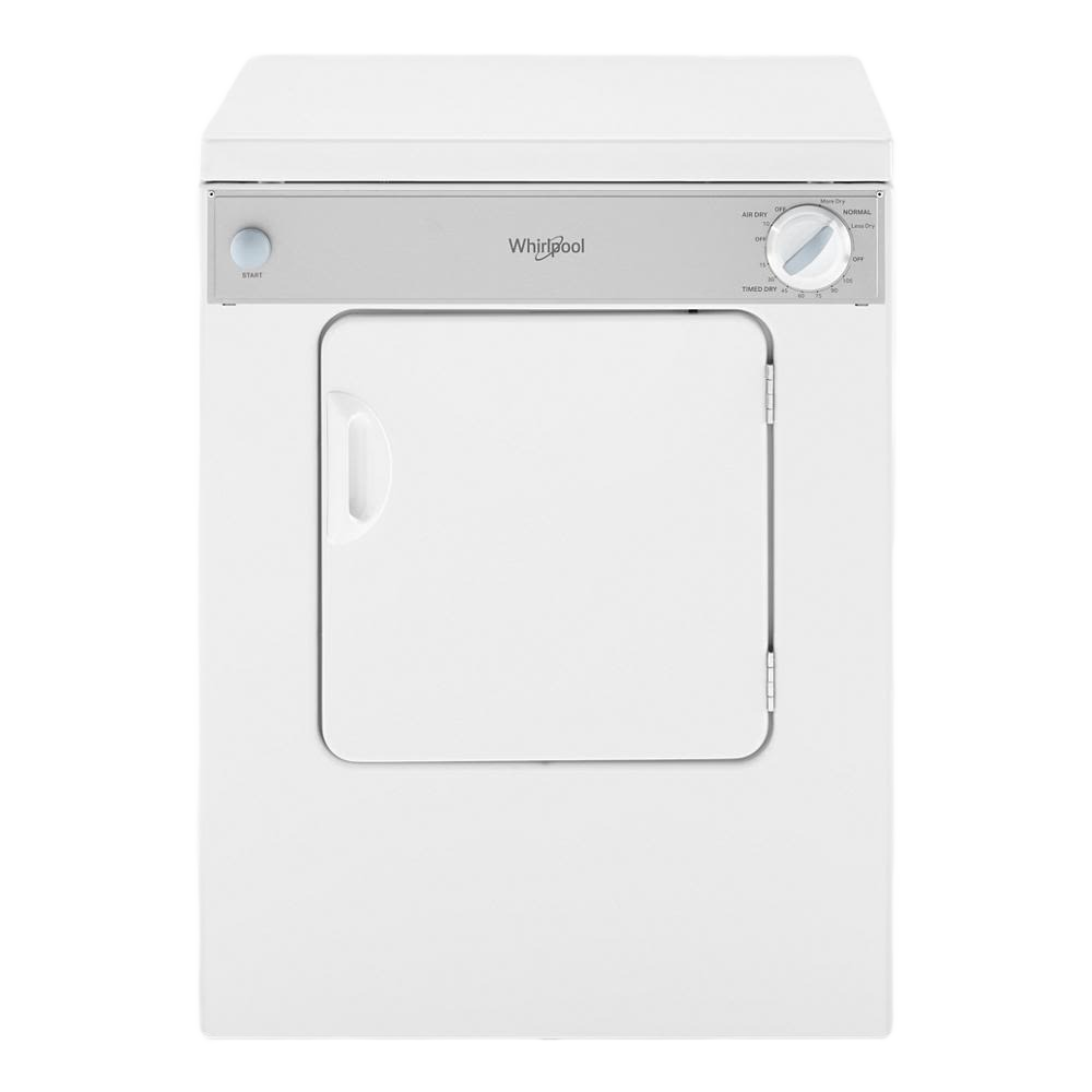 Front view of white compact Whirlpool dryer with control dial and start button in appliances and dryers collection