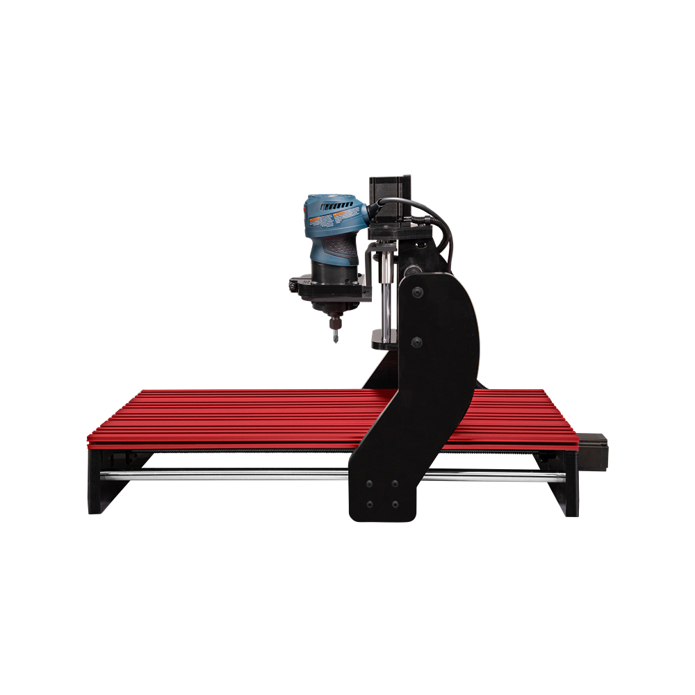 Compact CNC router featuring a red aluminum bed and blue spindle for precise woodworking and home improvement tasks